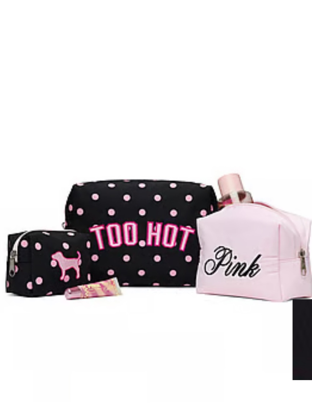 PINK Victoria's Secret Black & Pink Polka Dot Cosmetic Bag Trio